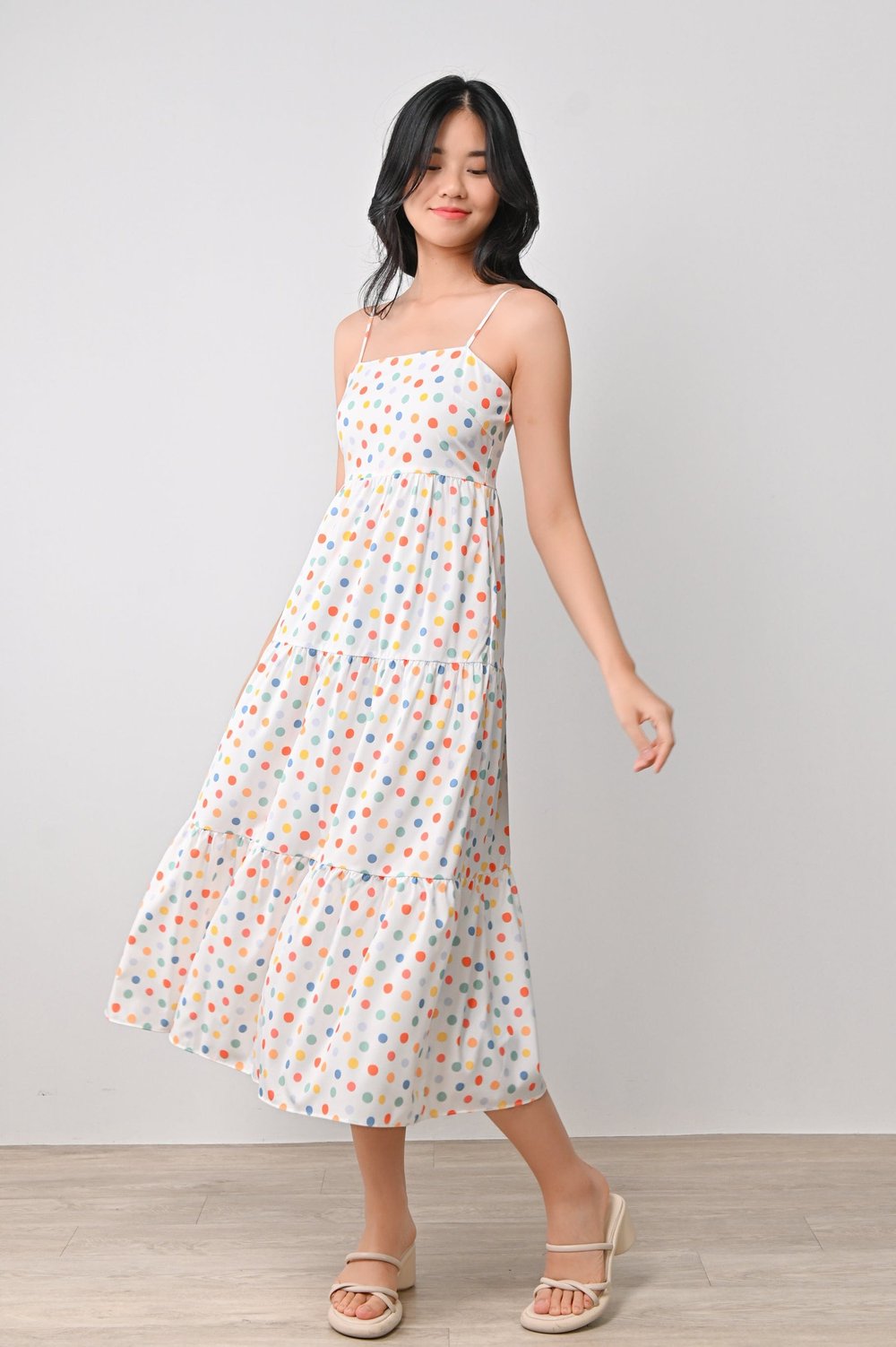 RAINBOW POLKA WHITE SPAG DRESS