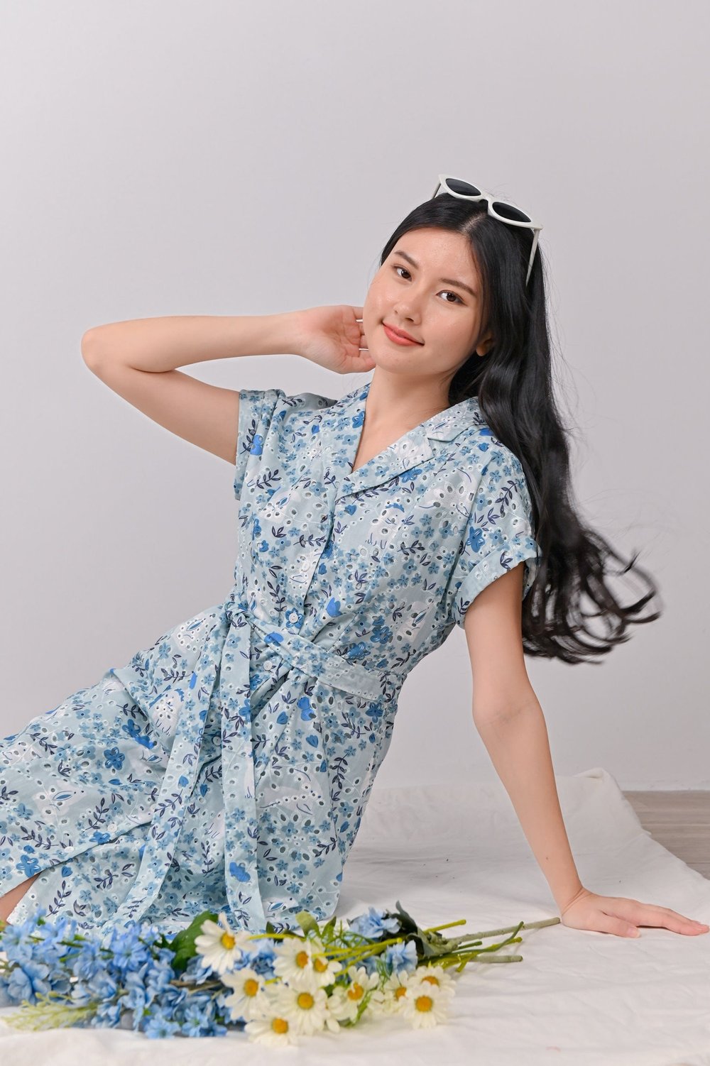 ANNIKA FLORAL EYELET SHIRT-DRESS IN BLUE ANNIKA FLORAL EYELET SHIRT-DRESS IN BLUE