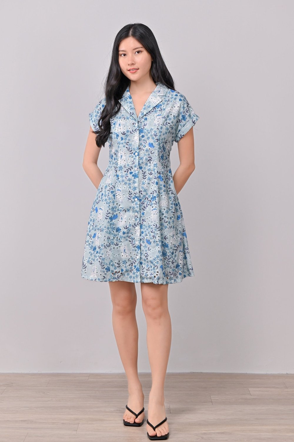 ANNIKA FLORAL EYELET SHIRT-DRESS IN BLUE ANNIKA FLORAL EYELET SHIRT-DRESS IN BLUE