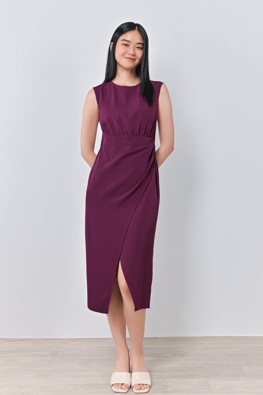 HAE-IN RUCHED OVERLAP DRESS IN MAGENTA HAE-IN RUCHED OVERLAP DRESS IN MAGENTA