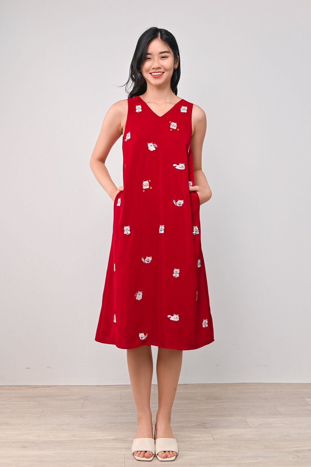 LUCKY CAT EMB. A-LINE DRESS IN RED
