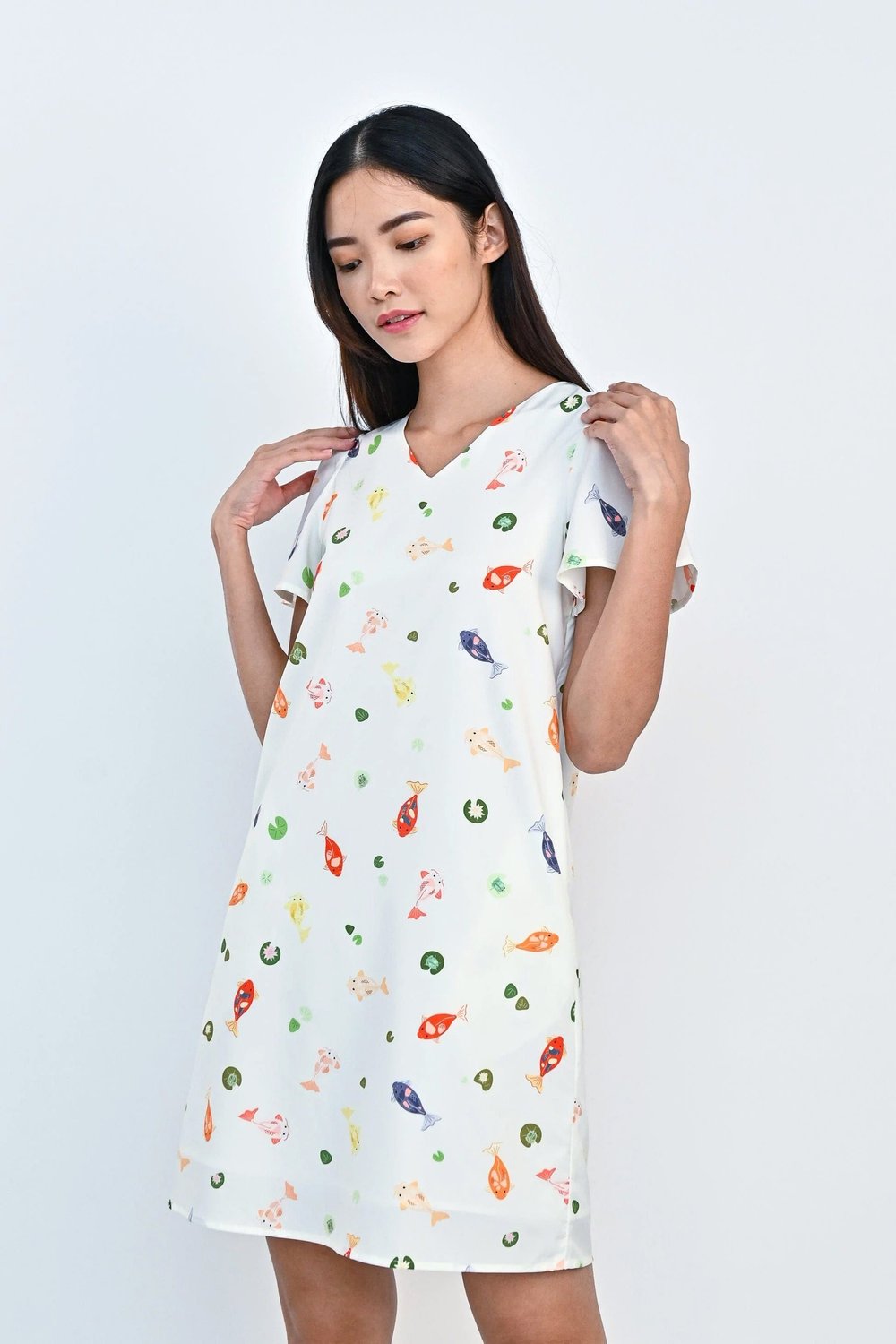 LUCKY KOI SLEEVED DRESS IN OFF-WHITE