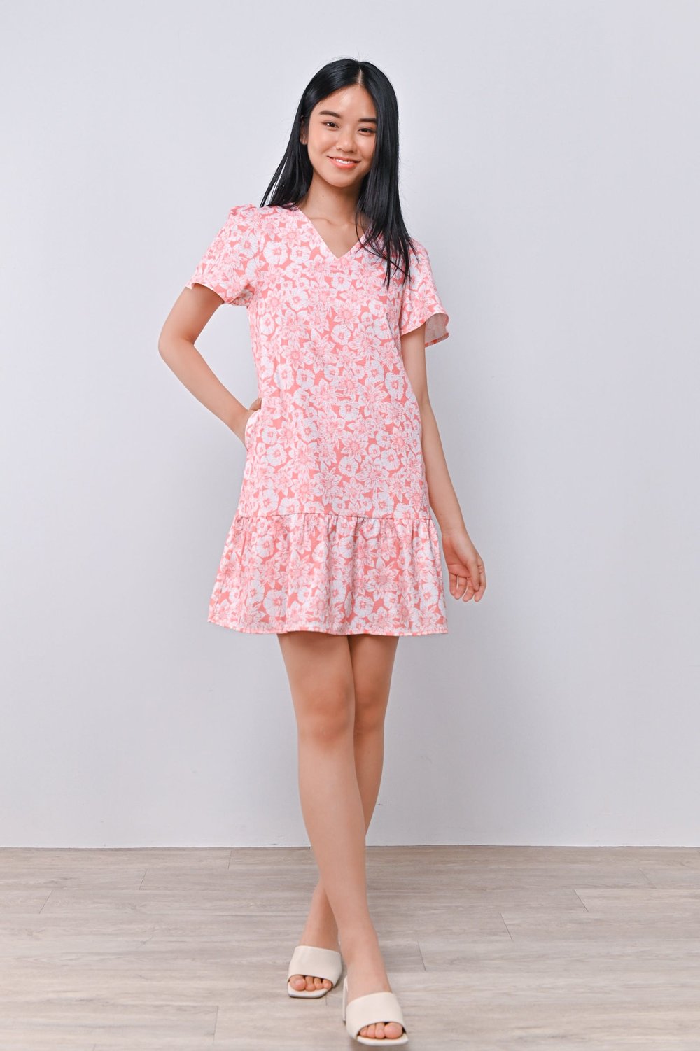 PINK BLOOMS SLEEVED DROPWAIST DRESS PINK BLOOMS SLEEVED DROPWAIST DRESS