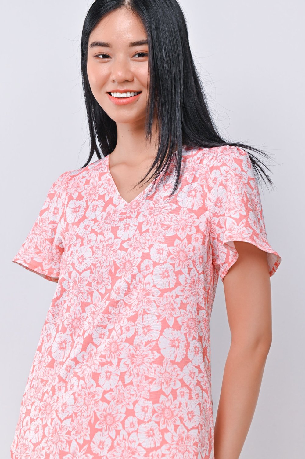 PINK BLOOMS SLEEVED DROPWAIST DRESS PINK BLOOMS SLEEVED DROPWAIST DRESS