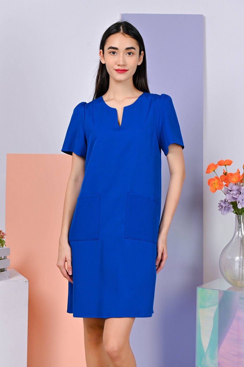RAYNA PATCH POCKET DRESS IN BLUE