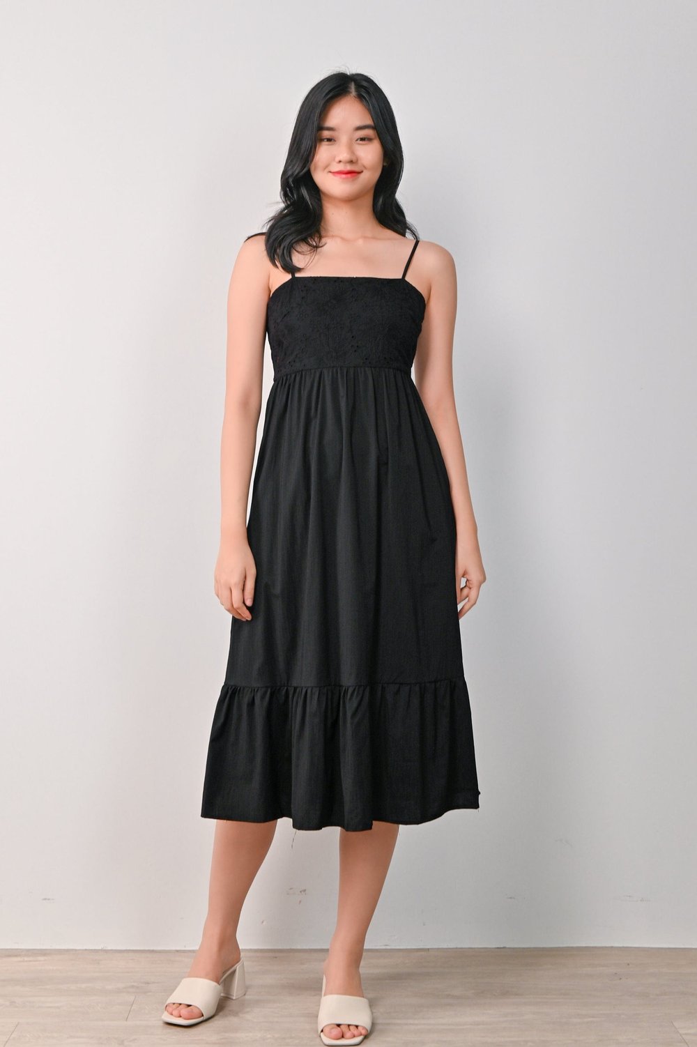 SAANVI EYELET SPAG DRESS IN BLACK SAANVI EYELET SPAG DRESS IN BLACK