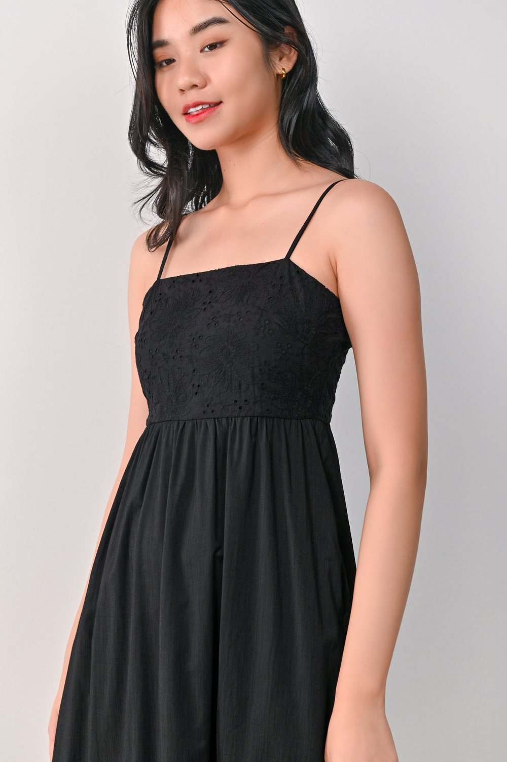 SAANVI EYELET SPAG DRESS IN BLACK SAANVI EYELET SPAG DRESS IN BLACK