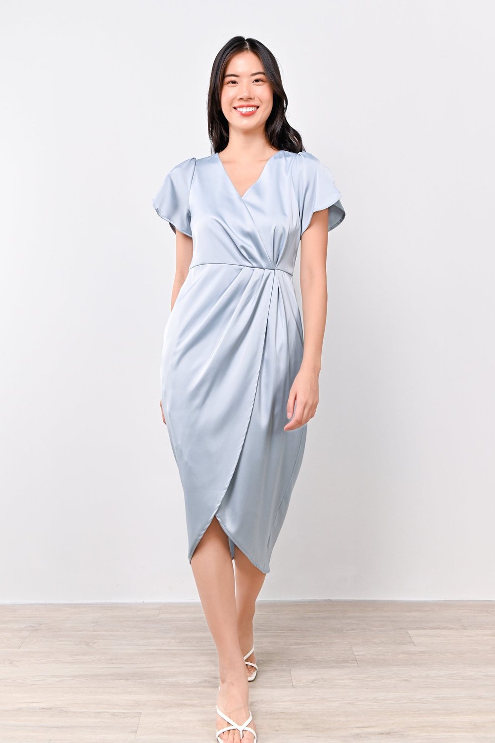 SOMI SLEEVED OVERLAP DRESS IN LIGHT-BLUE SOMI SLEEVED OVERLAP DRESS IN LIGHT-BLUE
