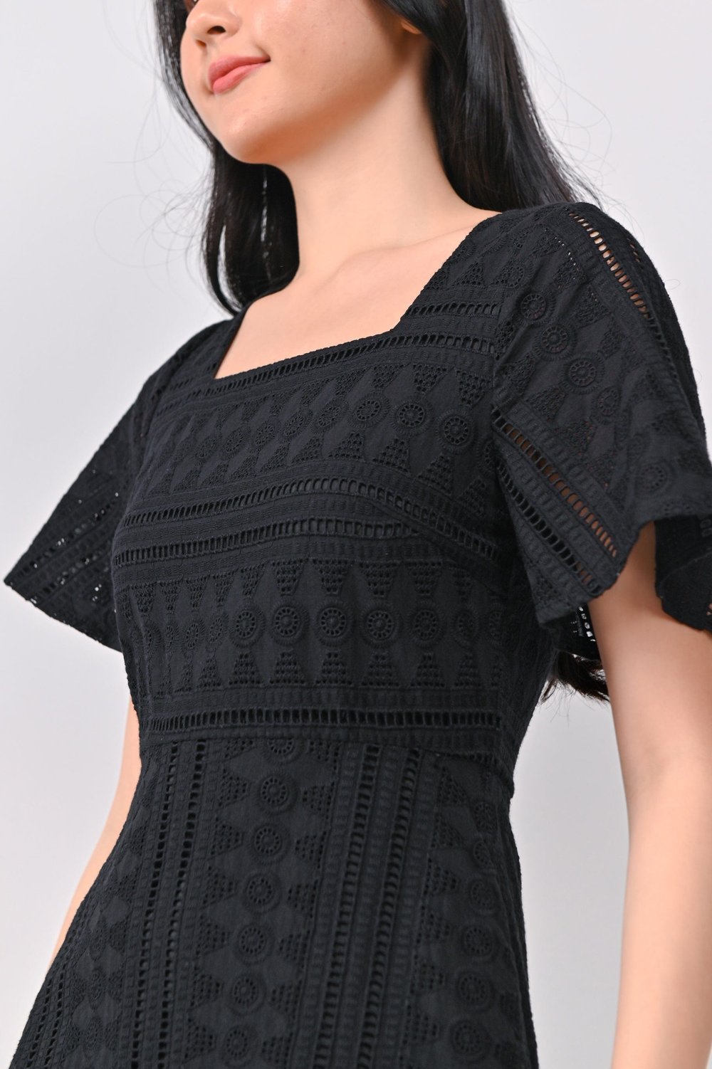 ZYA EYELET SLEEVED MIDI DRESS IN BLACK ZYA EYELET SLEEVED MIDI DRESS IN BLACK
