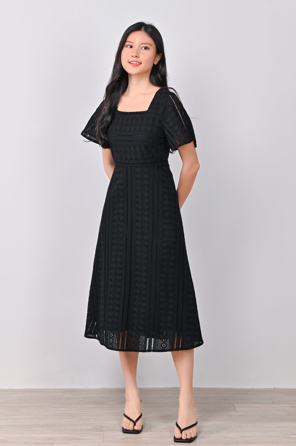 ZYA EYELET SLEEVED MIDI DRESS IN BLACK ZYA EYELET SLEEVED MIDI DRESS IN BLACK