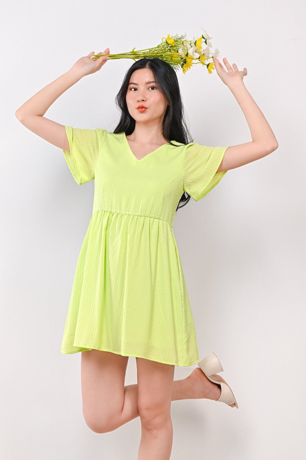 AMBER TEXTURED DRESS-ROMPER IN LIME GREEN