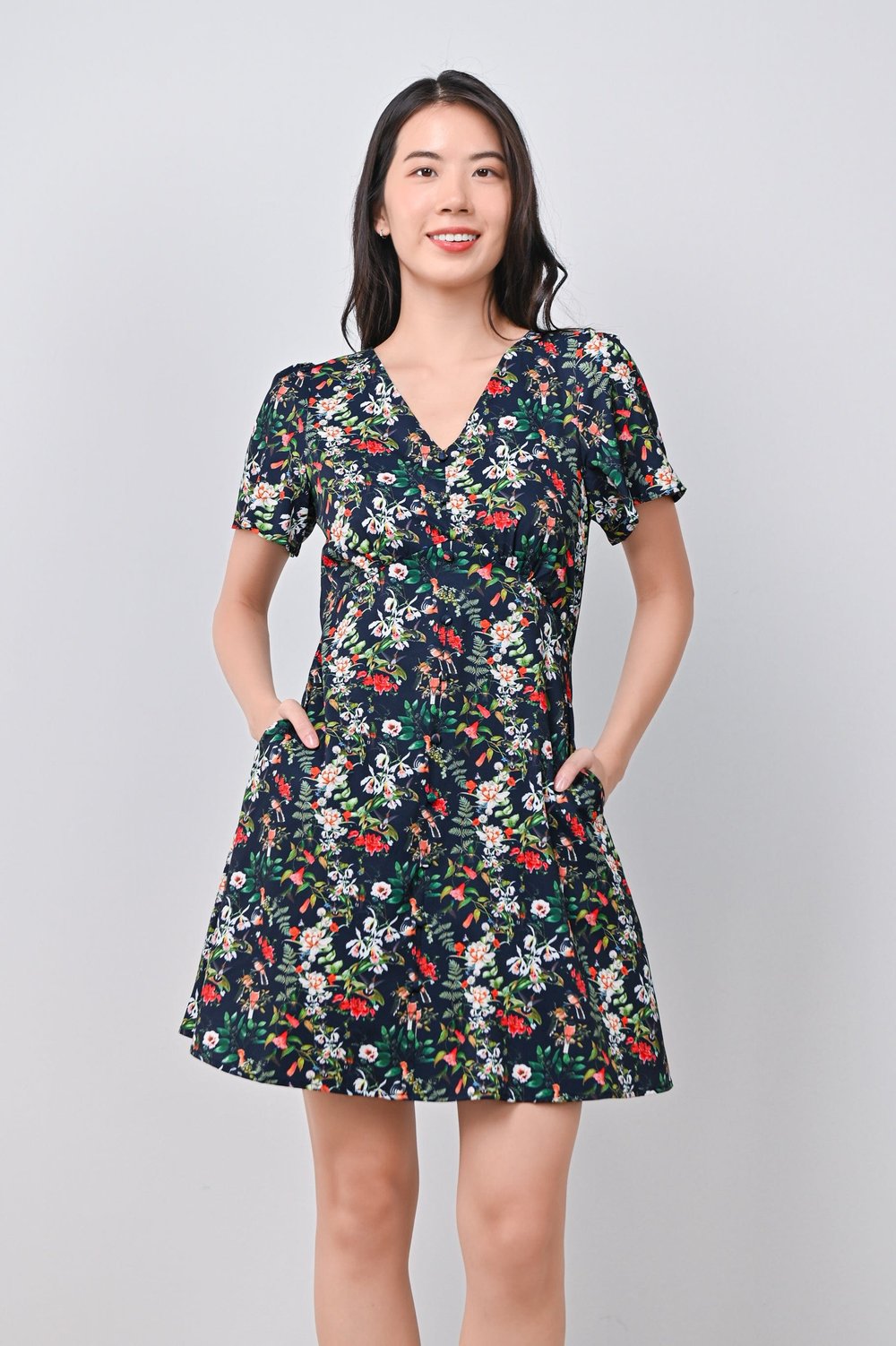 BIRDS OF PARADISE NAVY V-NECK DRESS-ROMPER BIRDS OF PARADISE NAVY V-NECK DRESS-ROMPER