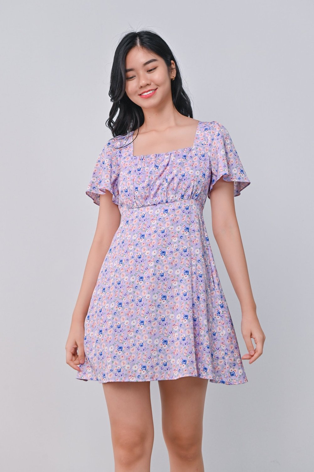 CARENE RUCHED DRESS-ROMPER IN LILAC