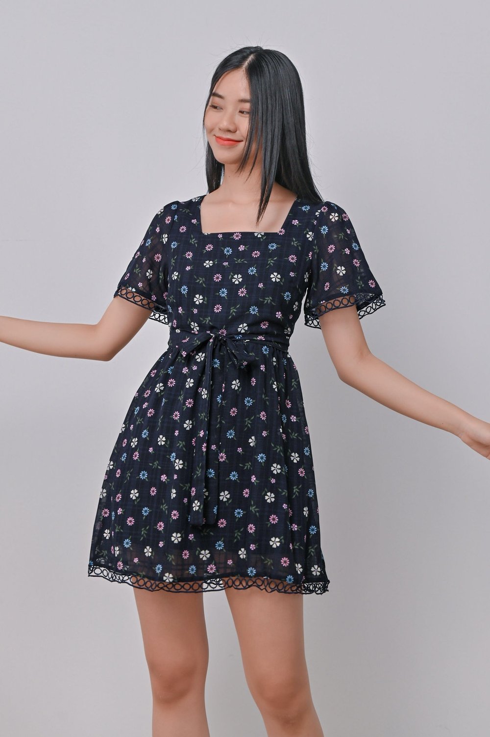 DANNA LATTICE DRESS-ROMPER IN NAVY DANNA LATTICE DRESS-ROMPER IN NAVY