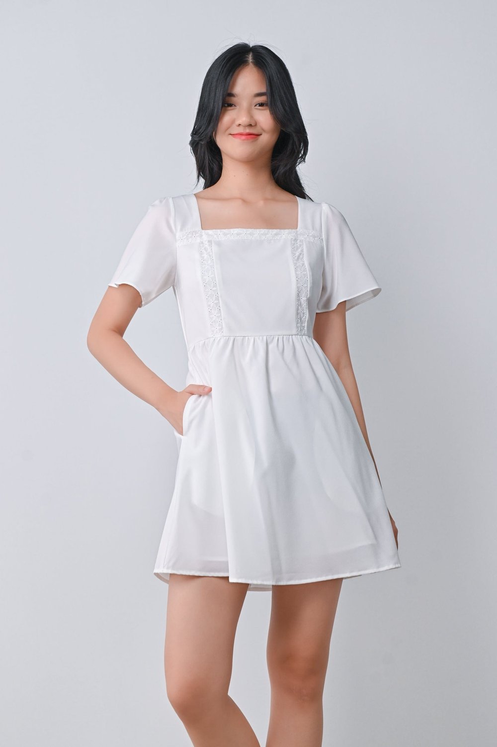 HOLLIE LACE-INSERT DRESS-ROMPER IN WHITE