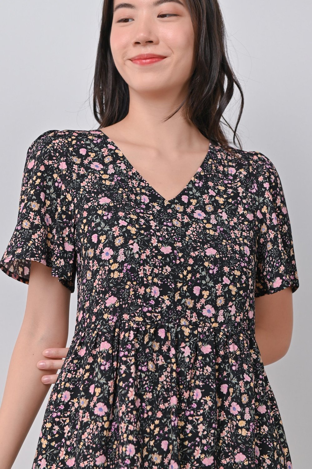 LORINDA FLORAL DRESS-ROMPER IN BLACK LORINDA FLORAL DRESS-ROMPER IN BLACK