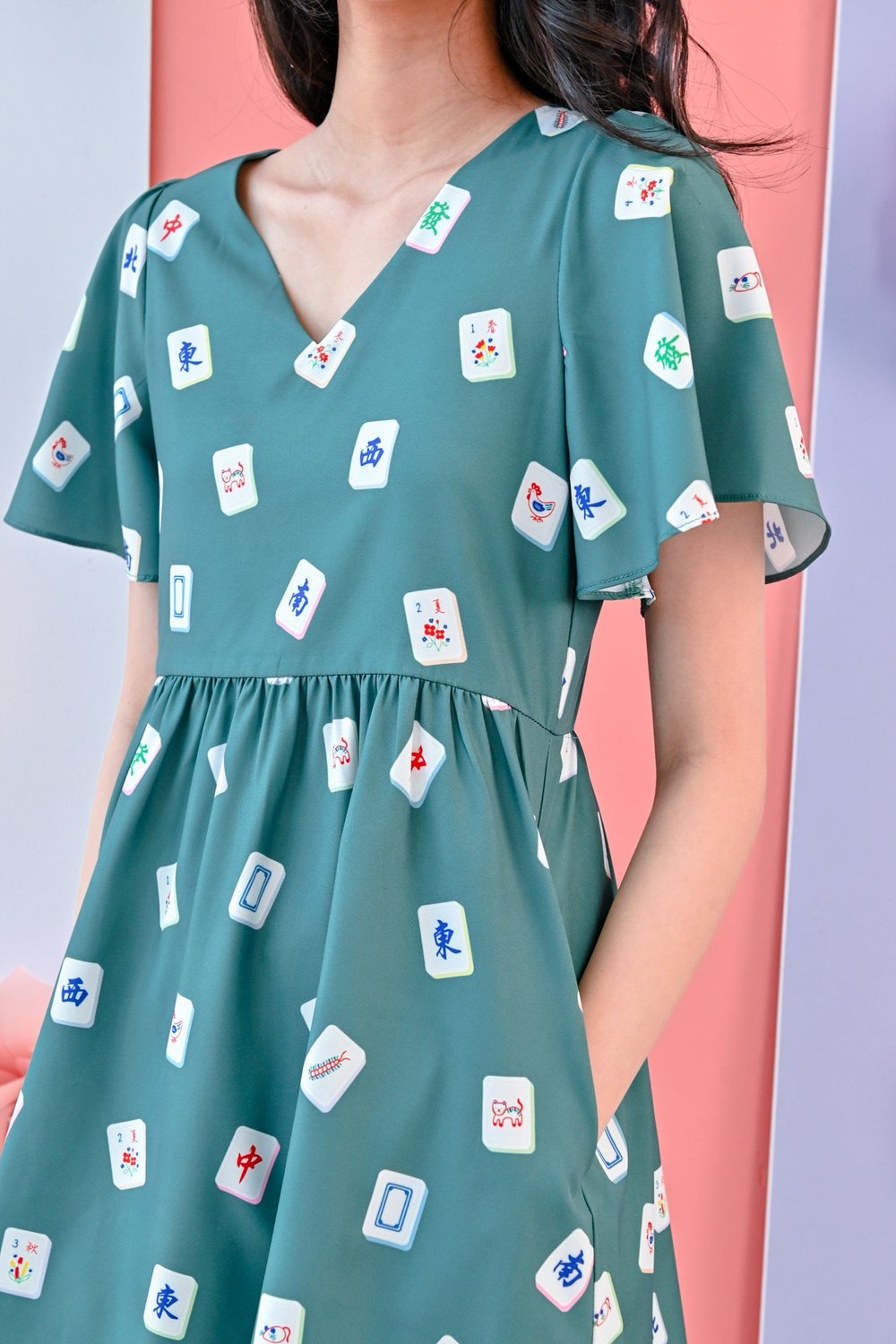 MAHJONG PRINTED GREEN DRESS-ROMPER MAHJONG PRINTED GREEN DRESS-ROMPER