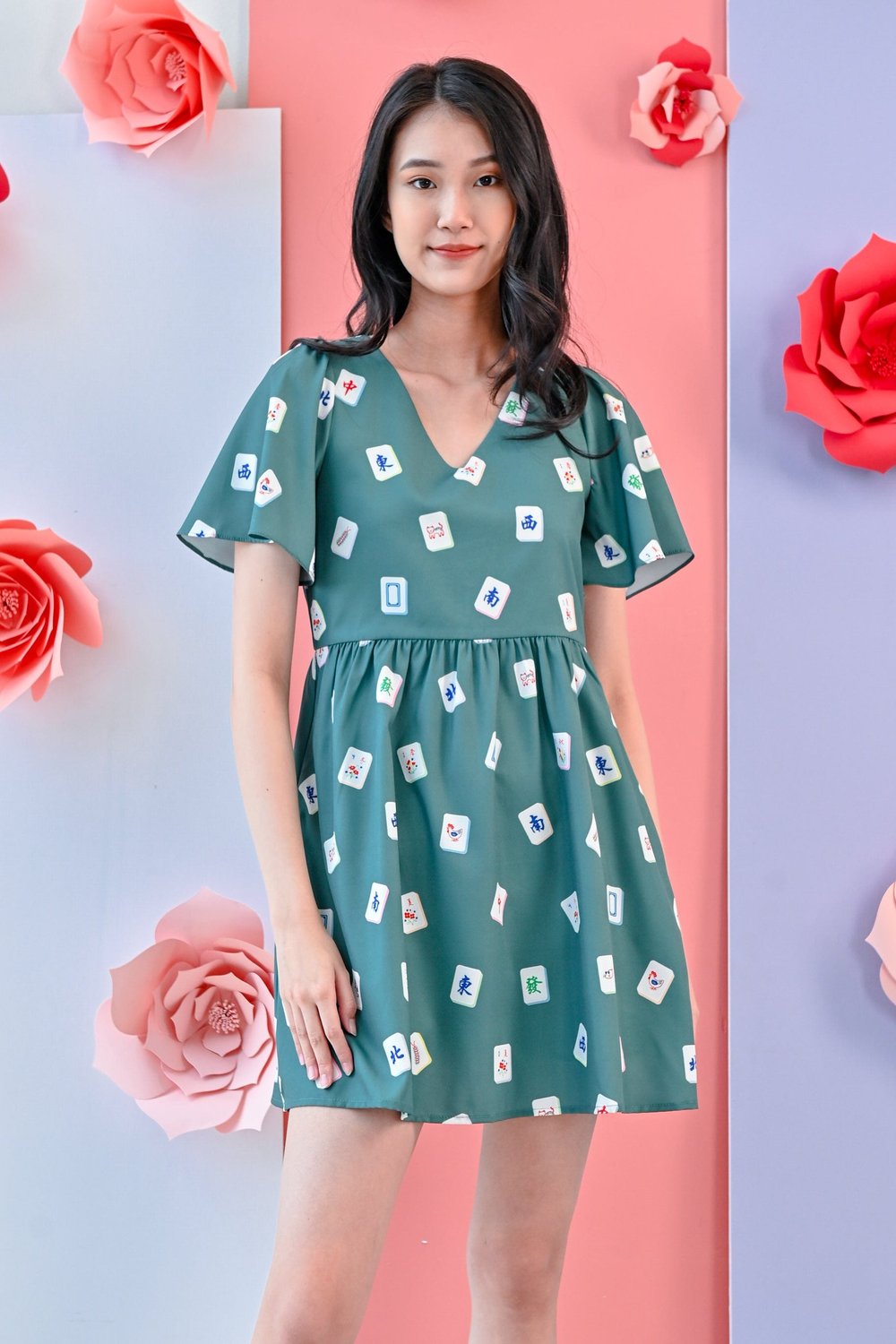 MAHJONG PRINTED GREEN DRESS-ROMPER MAHJONG PRINTED GREEN DRESS-ROMPER