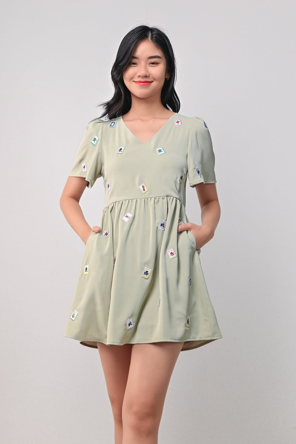 MAHJONG EMB. V-NECK DRESS-ROMPER IN GREEN