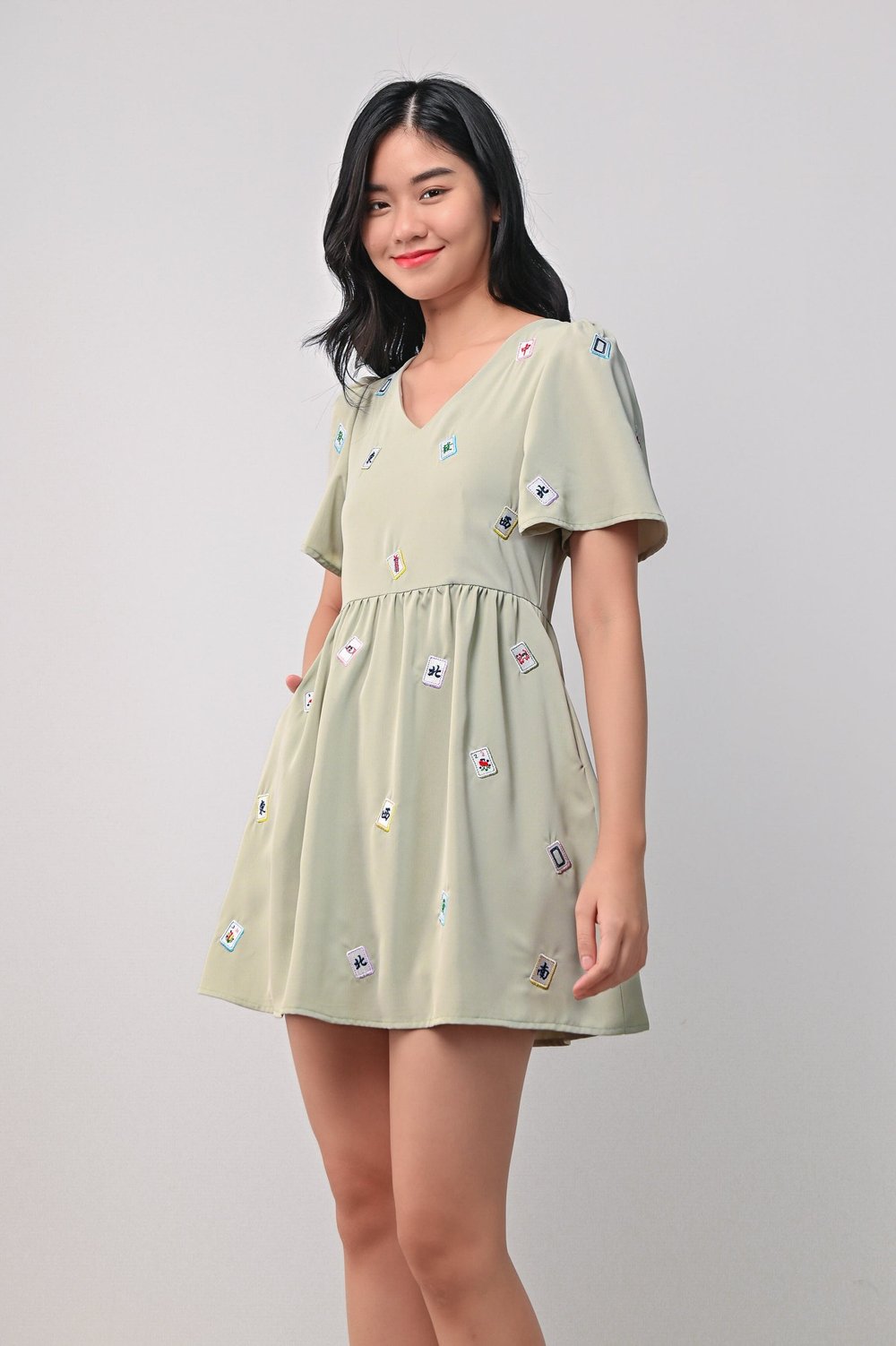 MAHJONG EMB. V-NECK DRESS-ROMPER IN GREEN