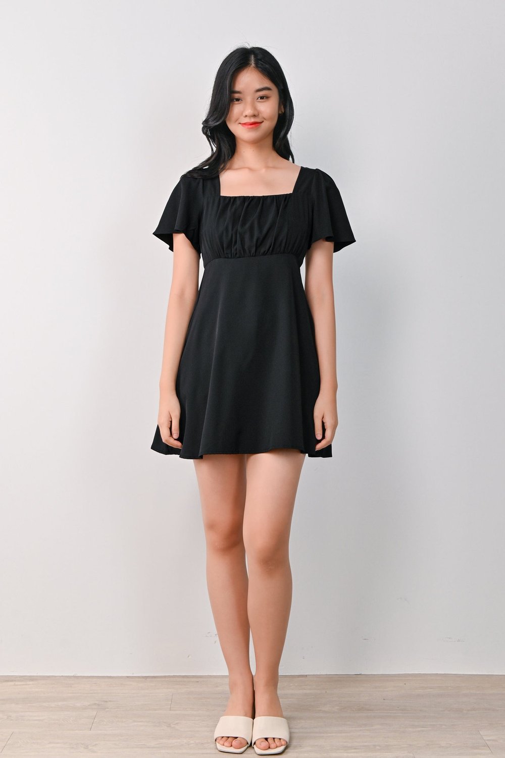 MARENE RUCHED DRESS-ROMPER IN BLACK