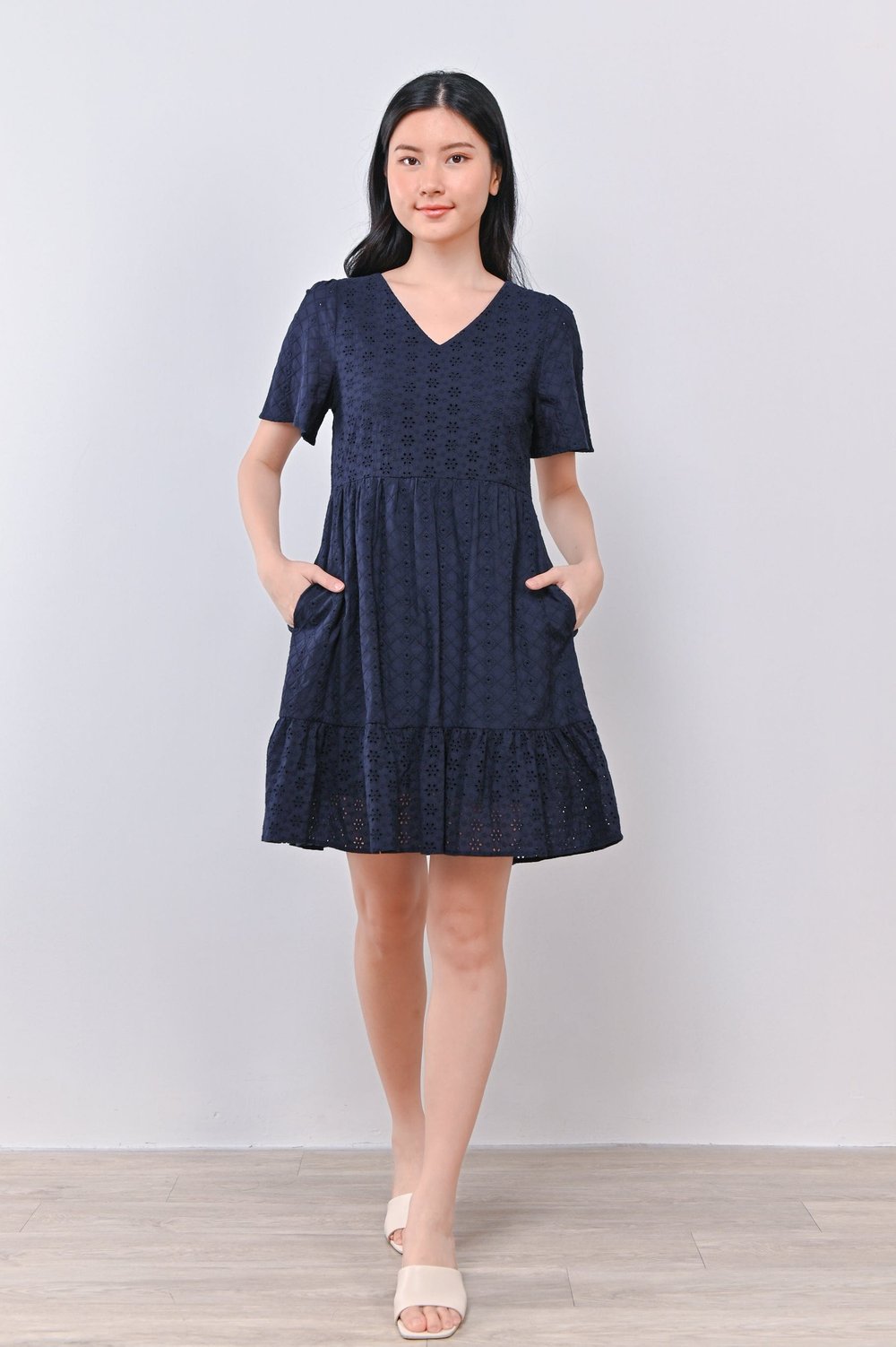 MIMI EYELET DRESS-ROMPER IN NAVY MIMI EYELET DRESS-ROMPER IN NAVY