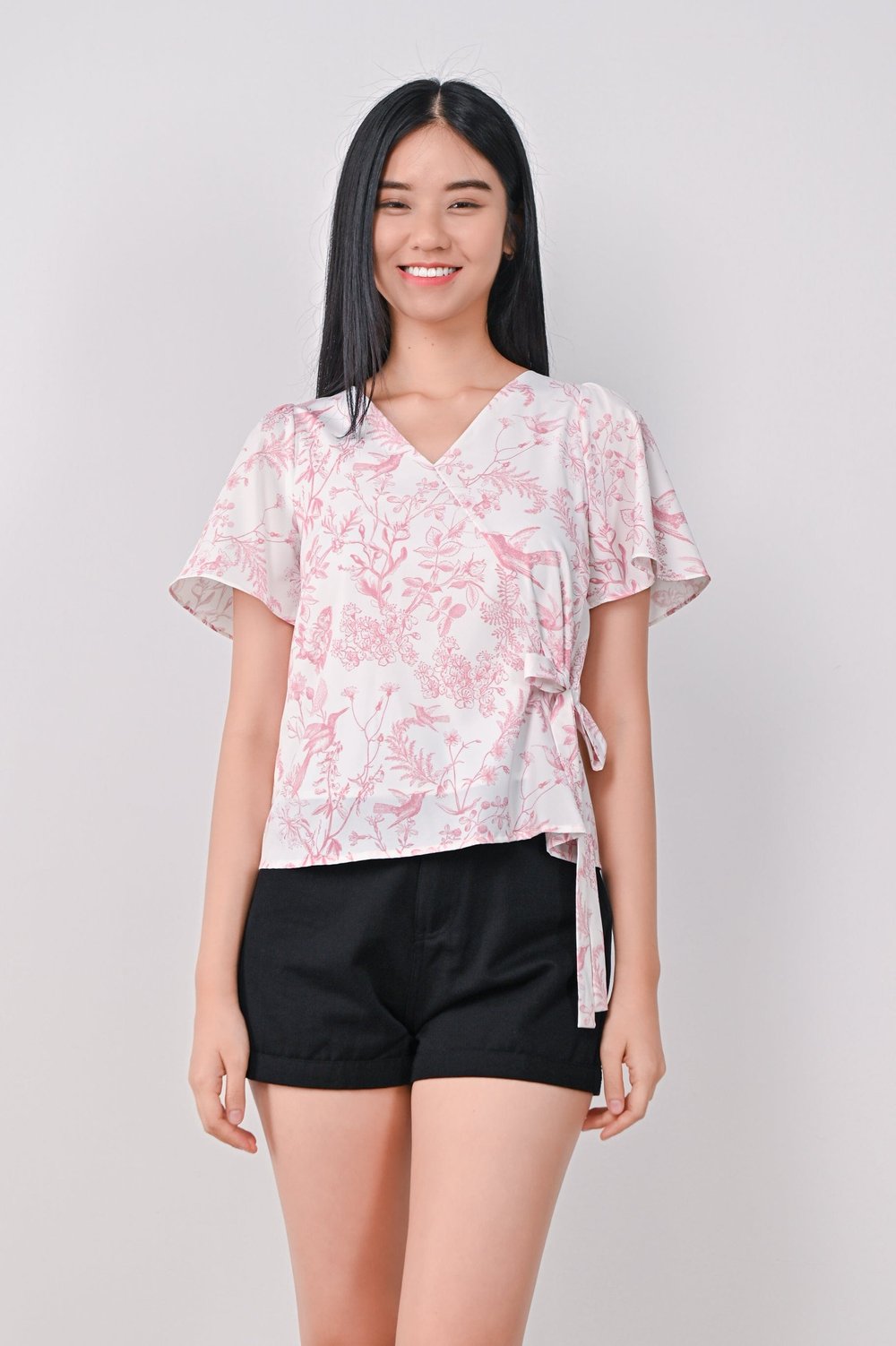 PINK HUMMINGBIRD FAUX-WRAP TOP PINK HUMMINGBIRD FAUX-WRAP TOP