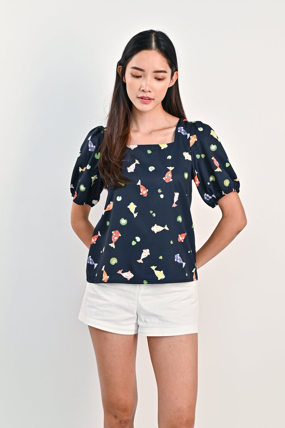 LUCKY KOI SQUARE-NECK TOP IN NAVY