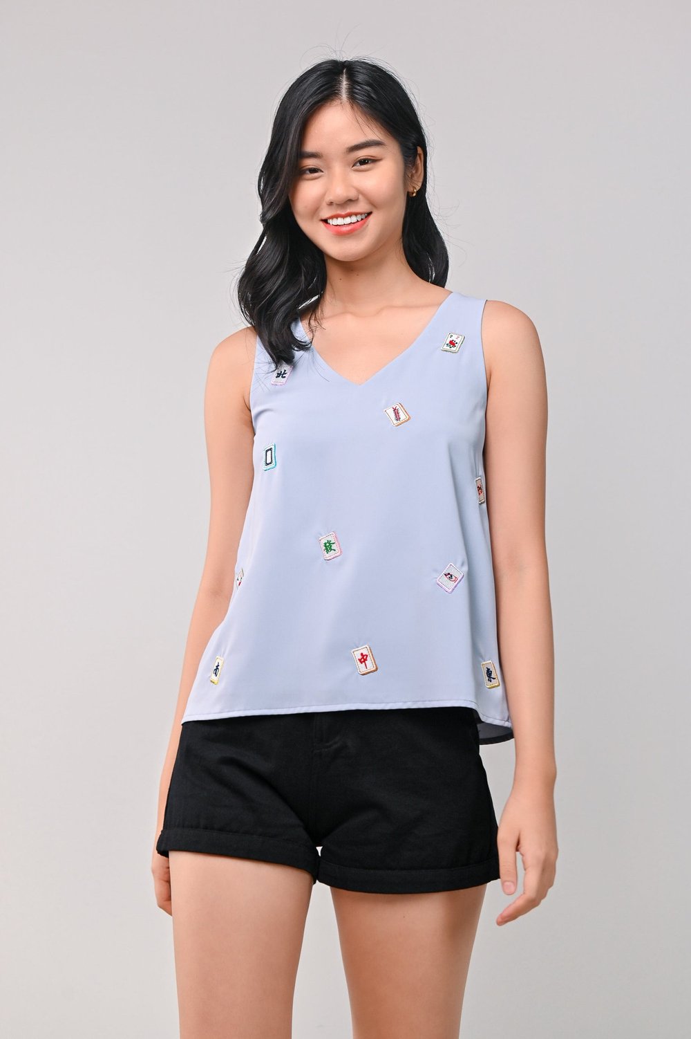 MAHJONG EMBROIDERY TWO-WAY TOP IN BLUE MAHJONG EMBROIDERY TWO-WAY TOP IN BLUE