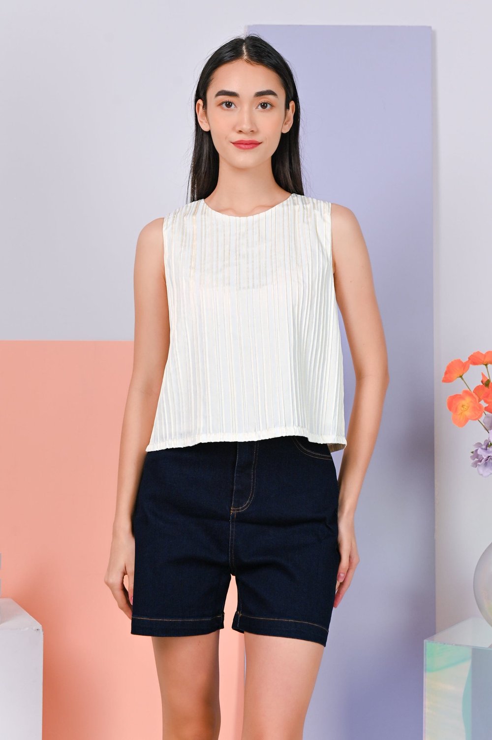 PREITA STRIPE BUTTON TOP IN CREAM
