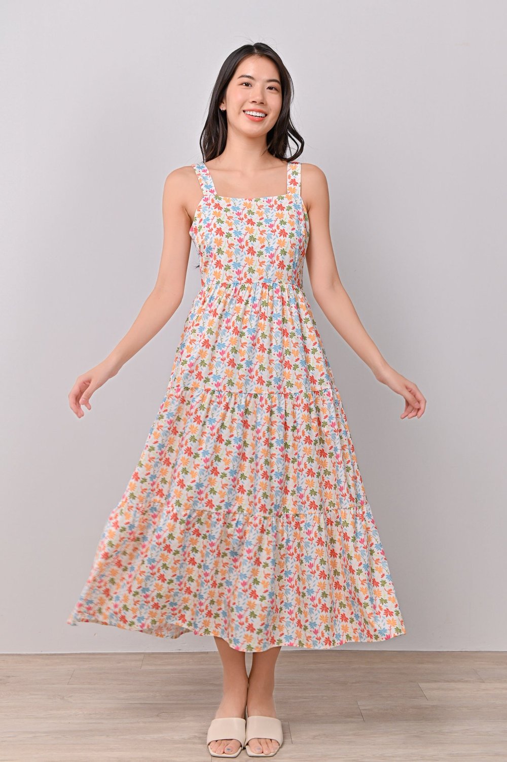 ATHOL LEAVES THICK-STRAP TIERED DRESS