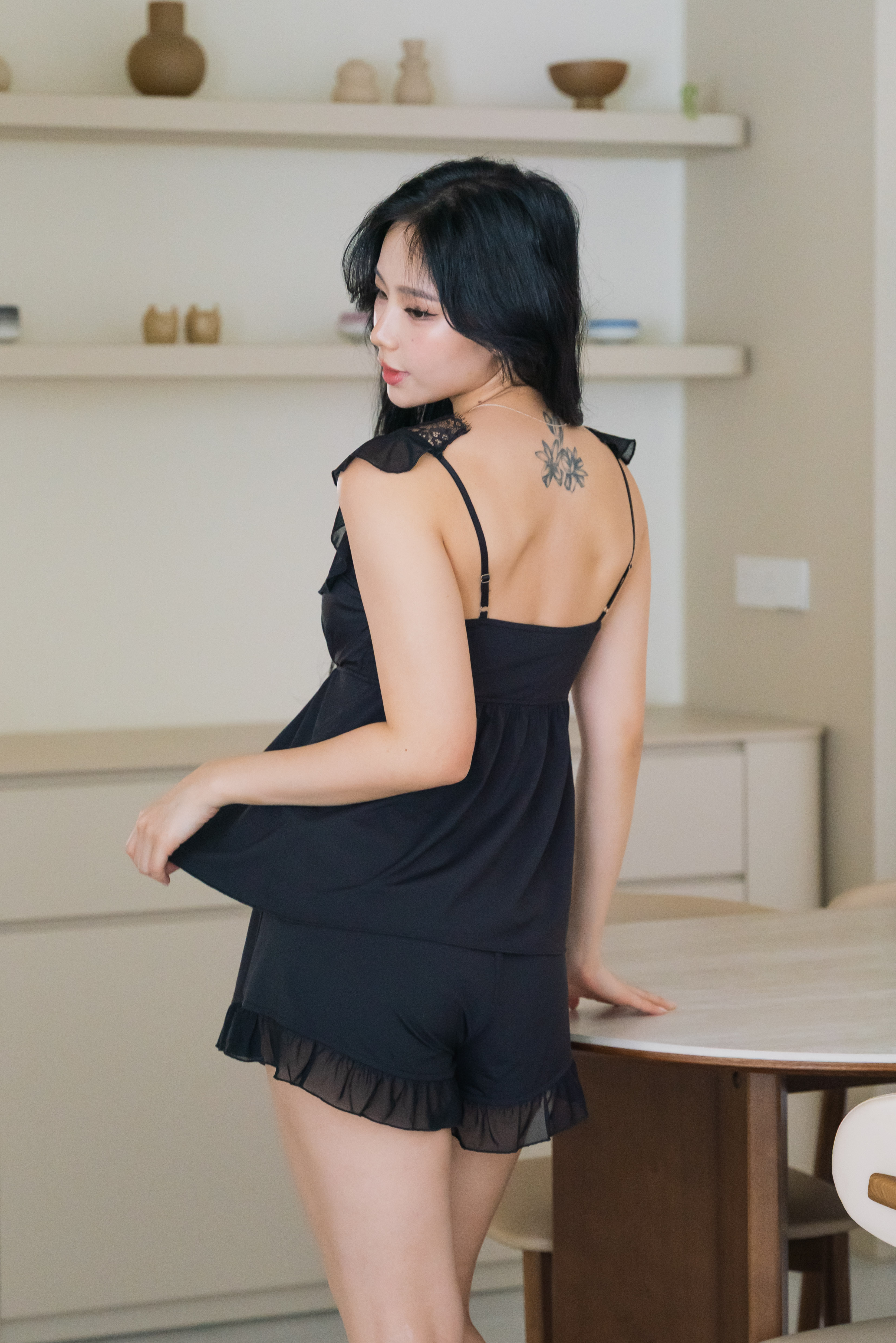 ELARA Laced V-Neck 2Pcs Set Sleepwear (Dusk Black)