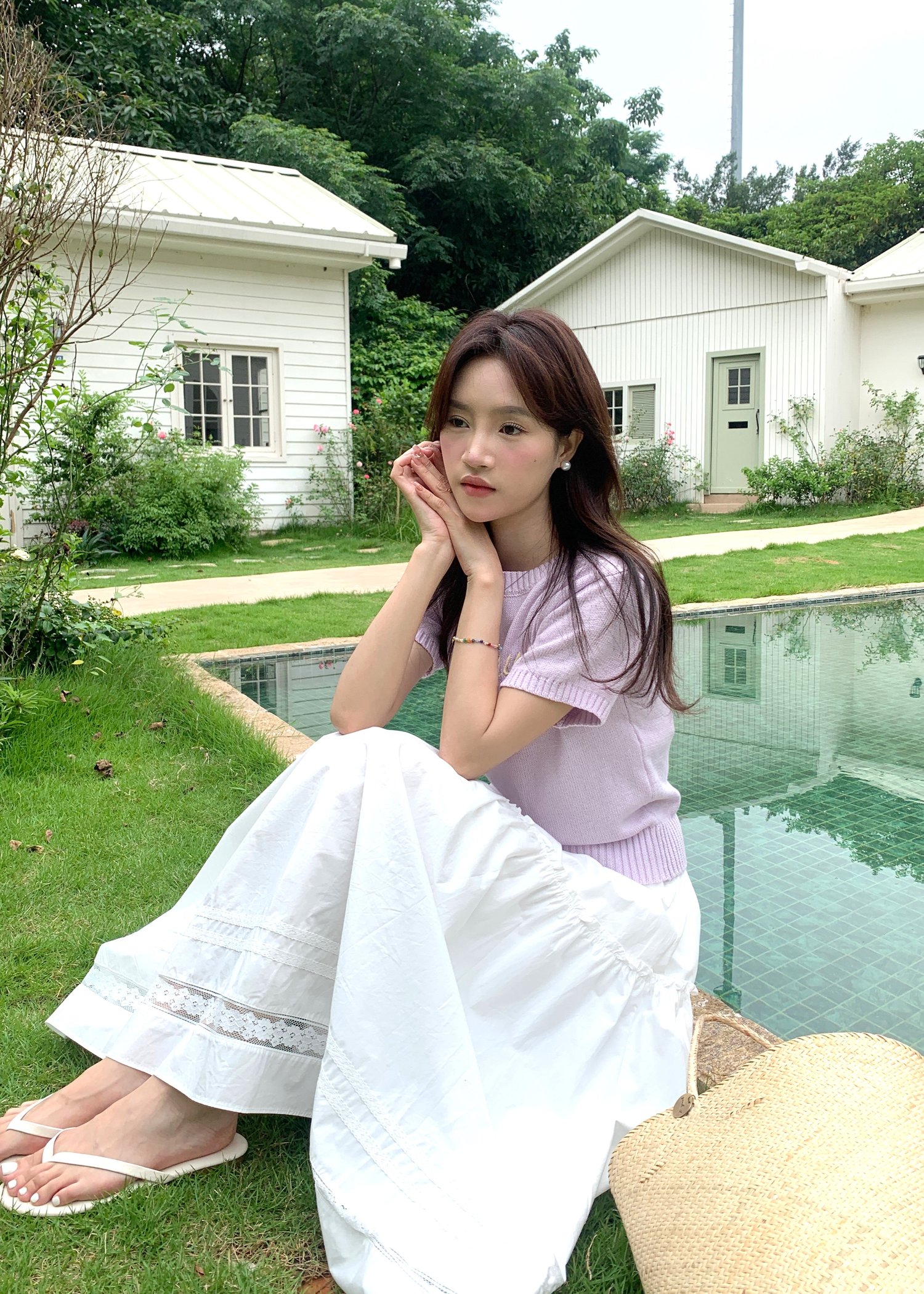 Lacey Flare Long Skirt in White