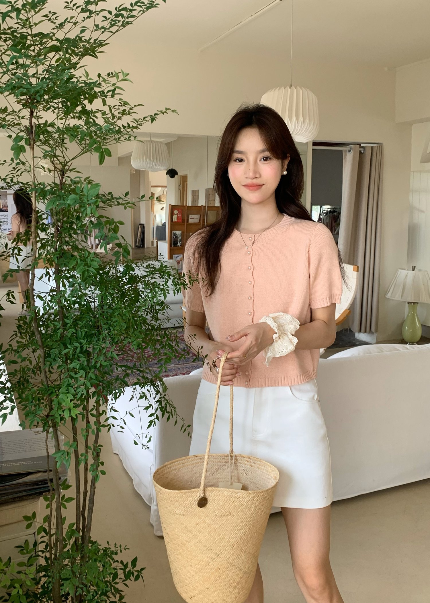 (DEFECT) Pearl Buttoned Knit Top in Peach