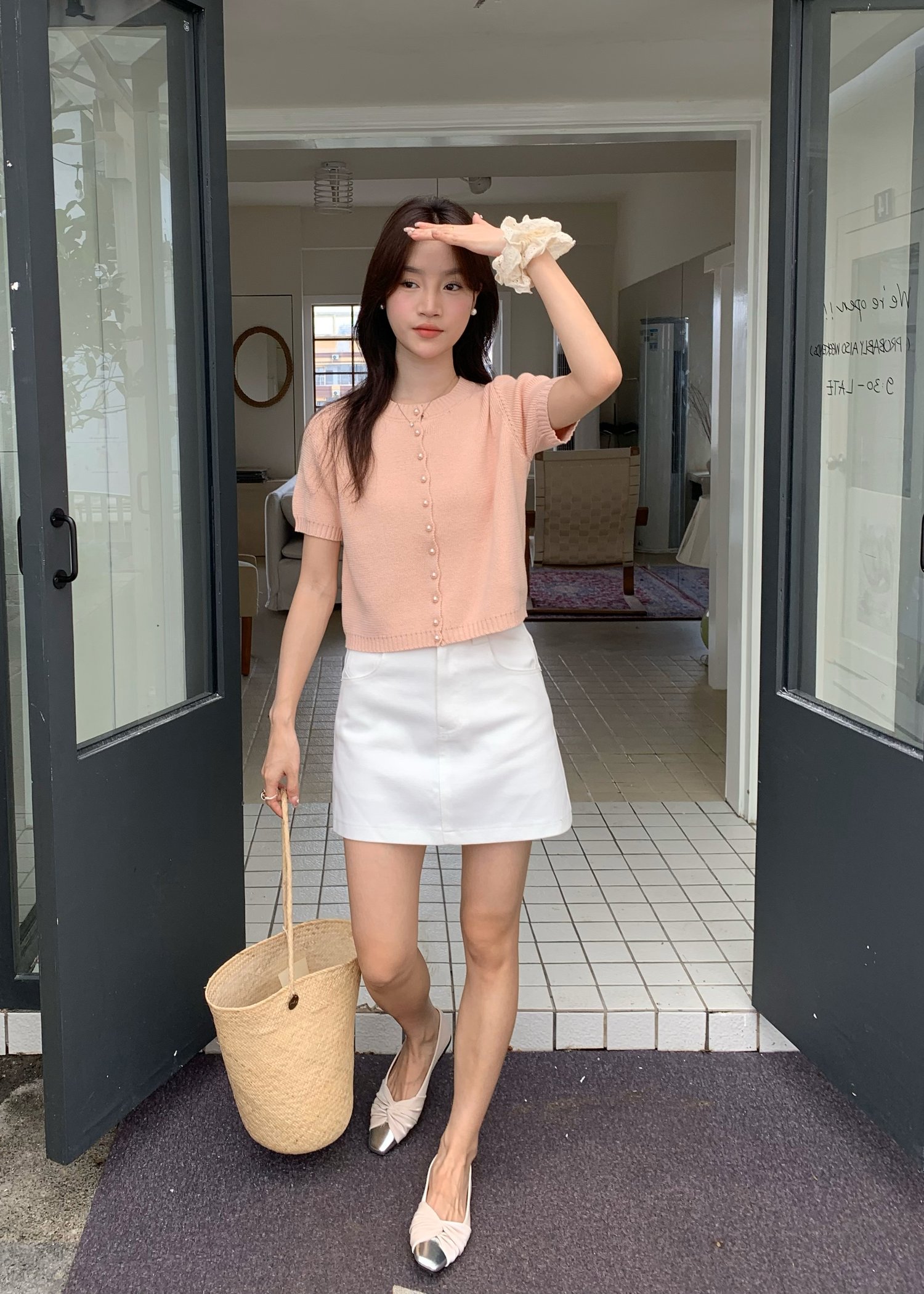 (DEFECT) Pearl Buttoned Knit Top in Peach