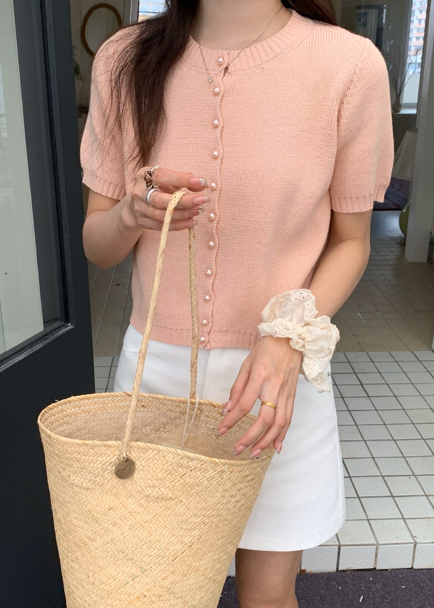 (DEFECT) Pearl Buttoned Knit Top in Peach