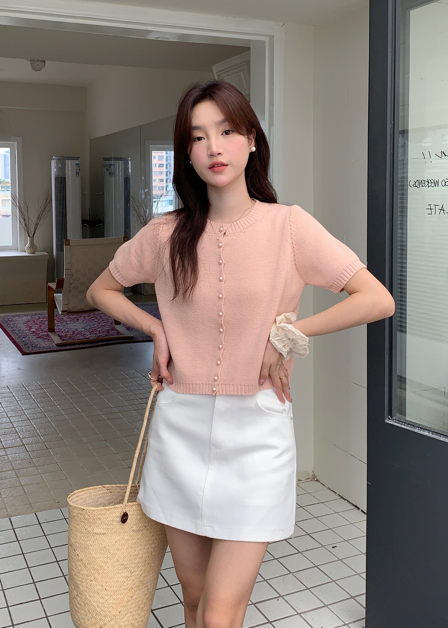 (DEFECT) Pearl Buttoned Knit Top in Peach