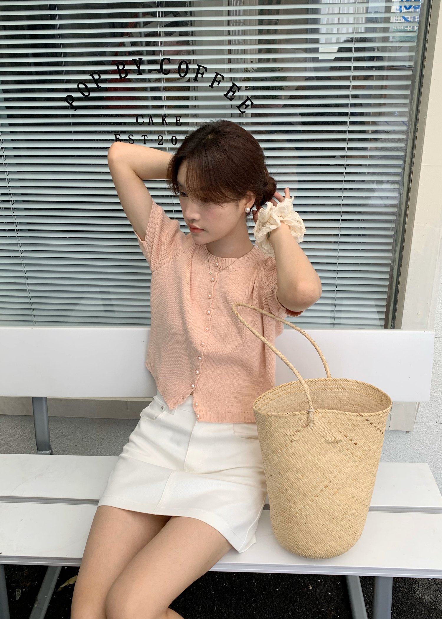 (DEFECT) Pearl Buttoned Knit Top in Peach