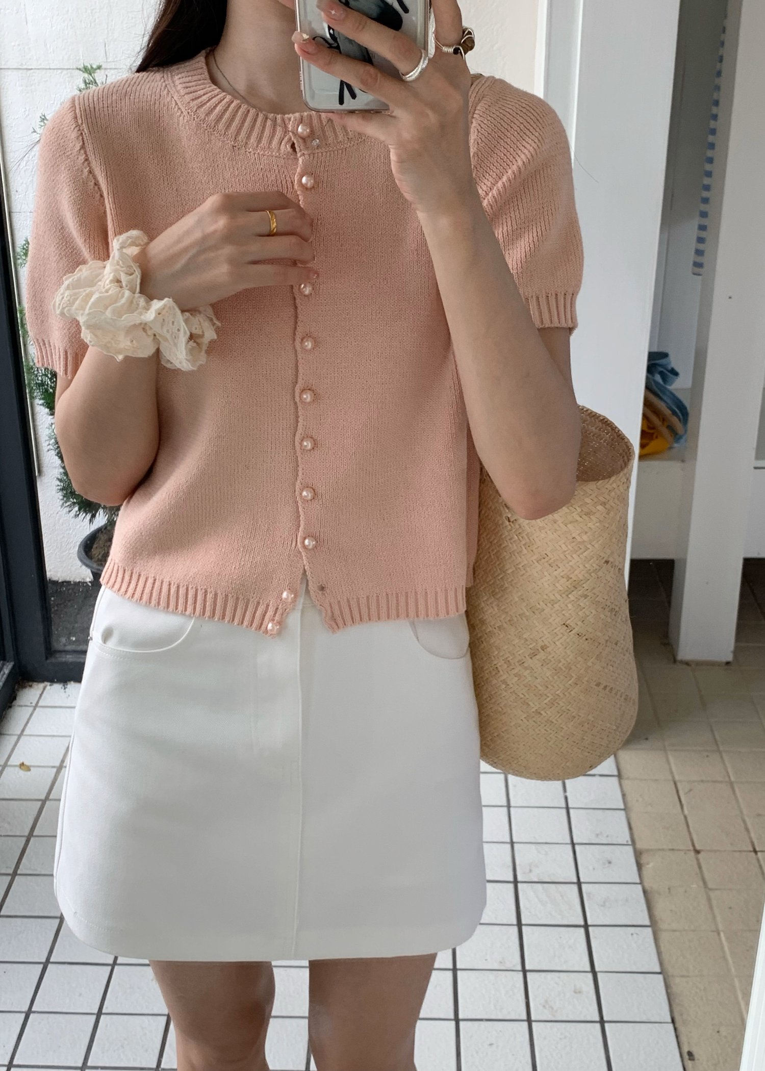 (DEFECT) Pearl Buttoned Knit Top in Peach