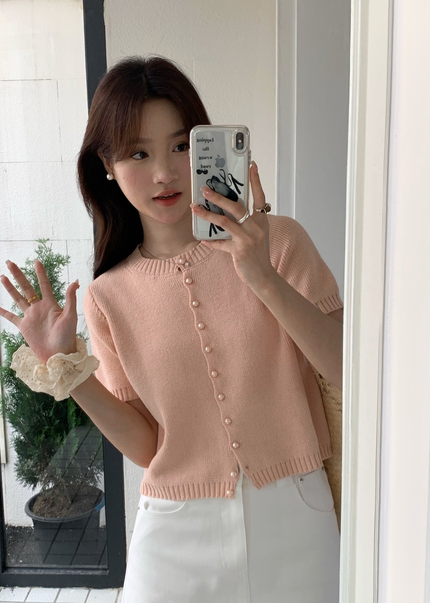 (DEFECT) Pearl Buttoned Knit Top in Peach