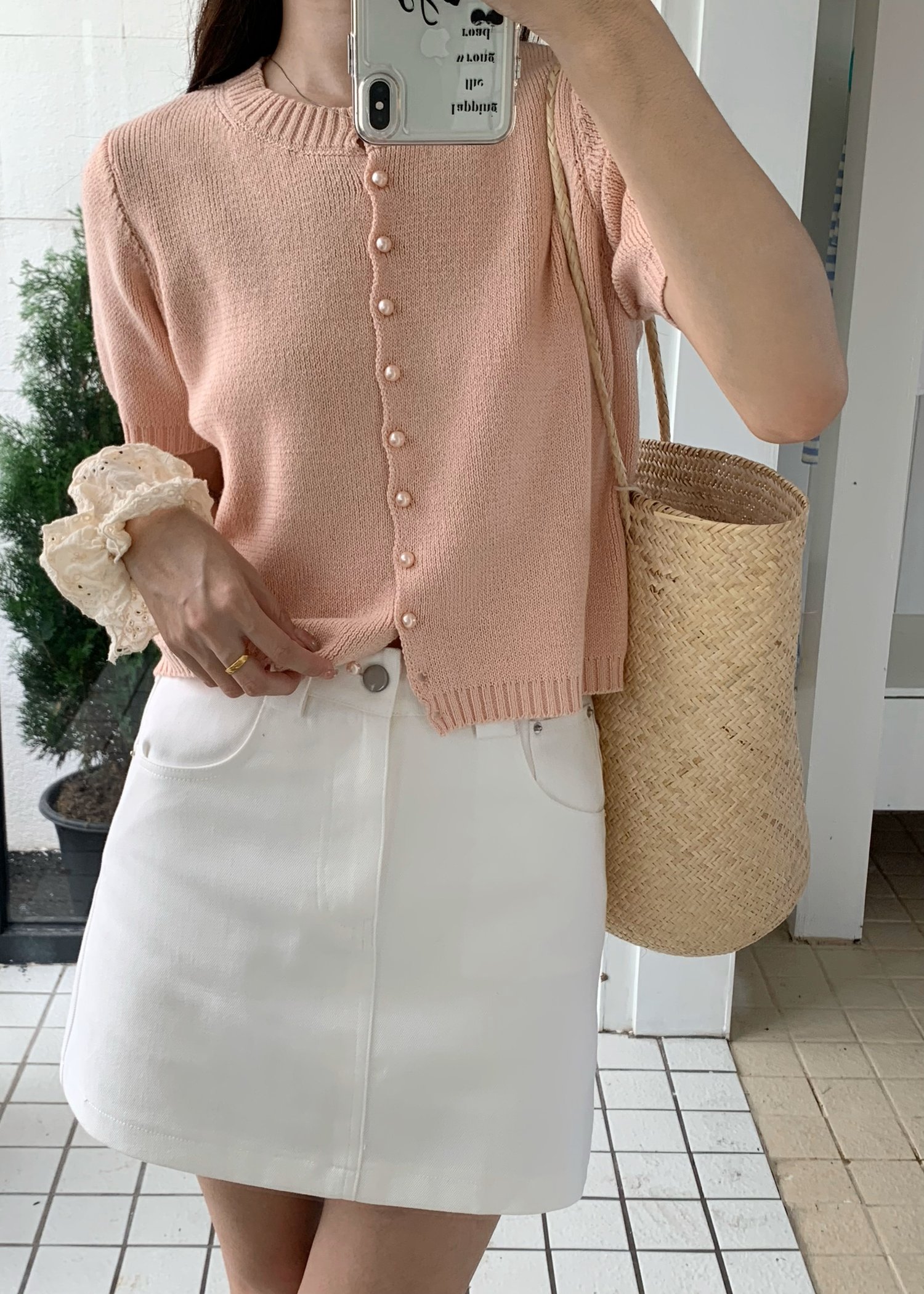 (DEFECT) Pearl Buttoned Knit Top in Peach