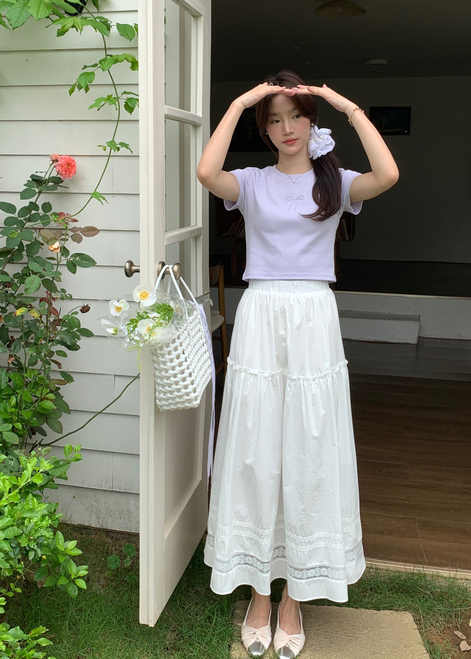 Lacey Flare Long Skirt in White