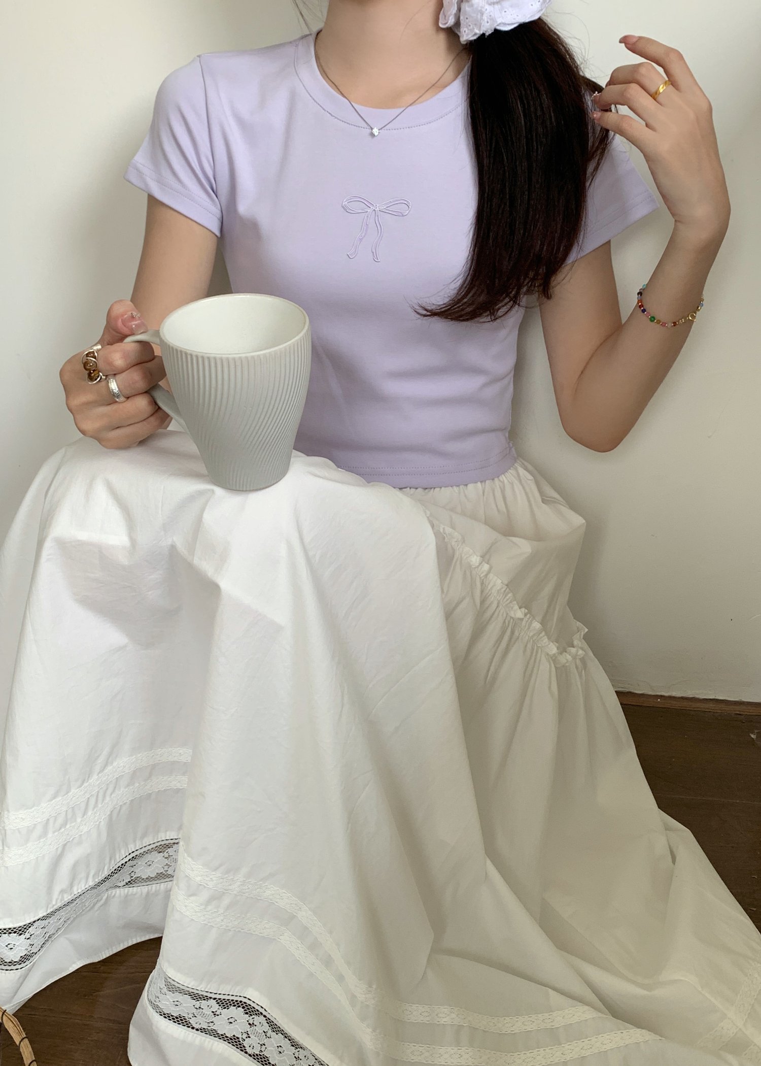 Lacey Flare Long Skirt in White