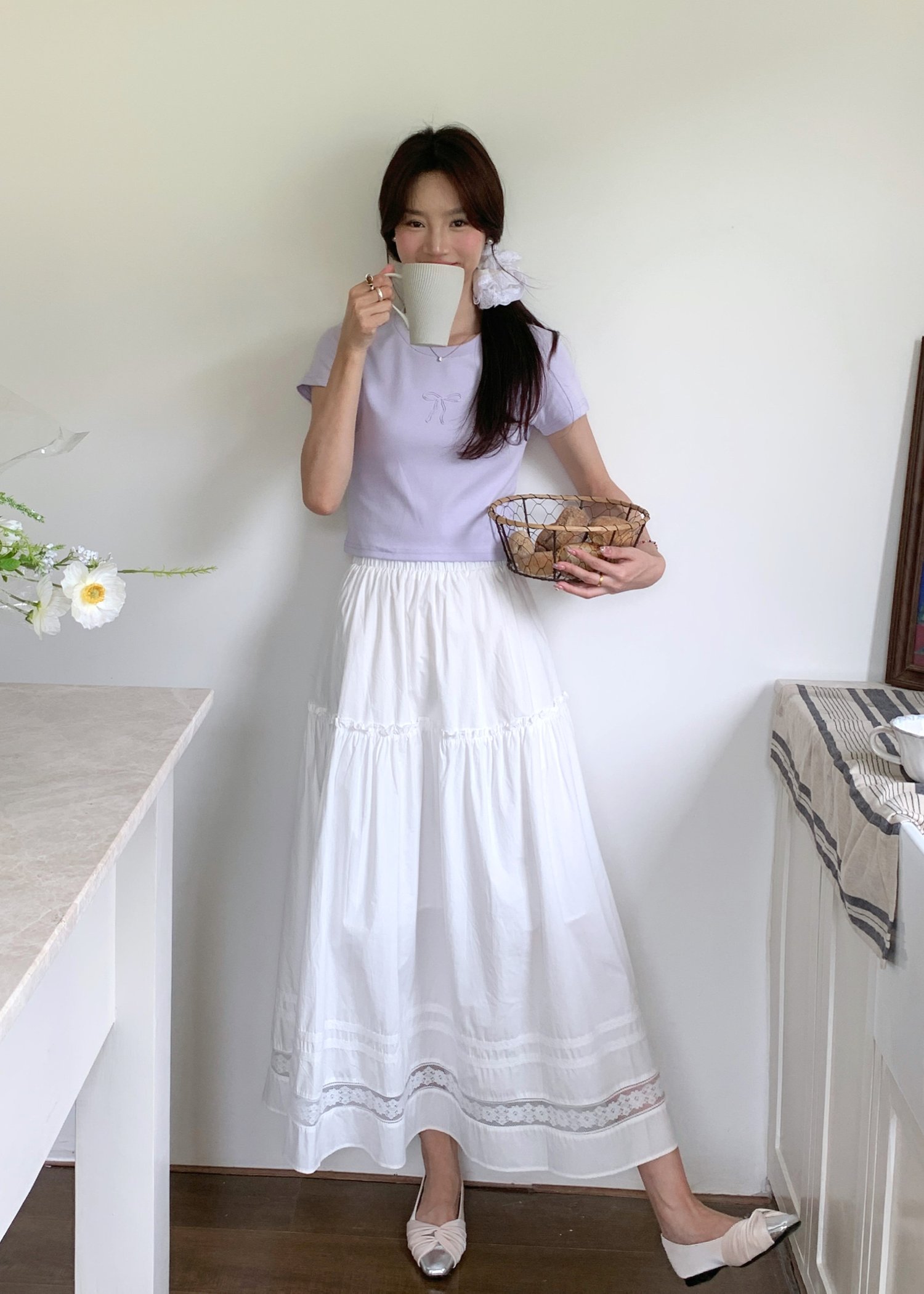 Lacey Flare Long Skirt in White