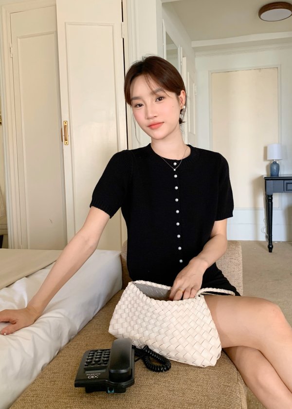 Pearl Buttoned Knit Top in Black