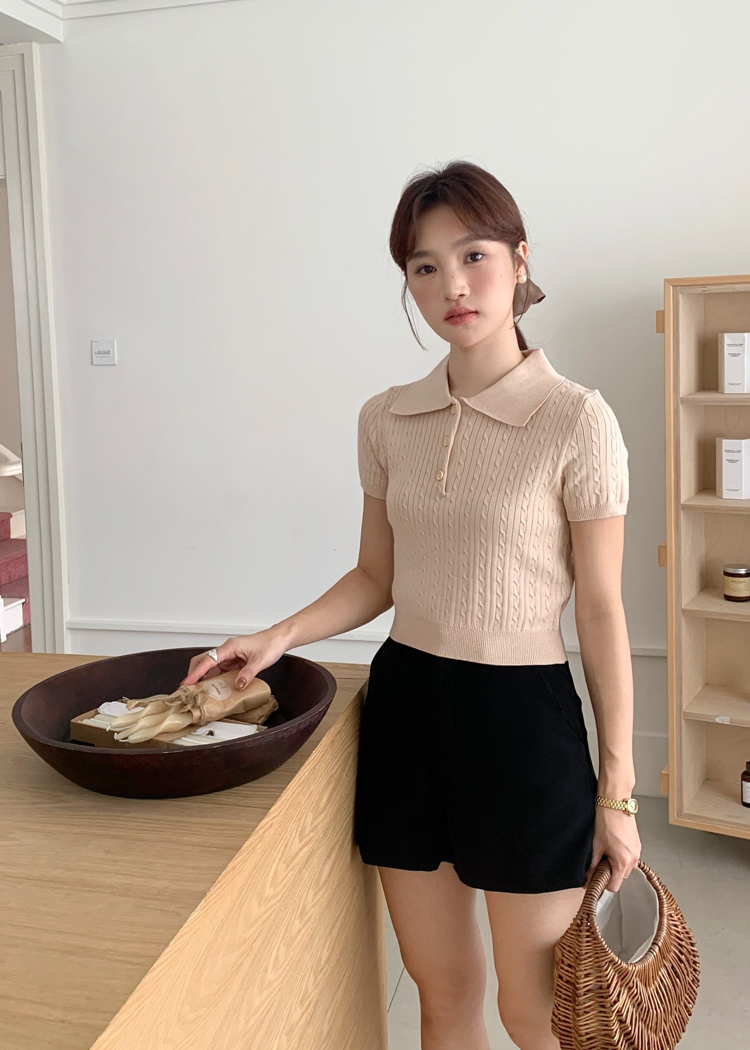 Everyday Cable Knit Polo Collar in Beige