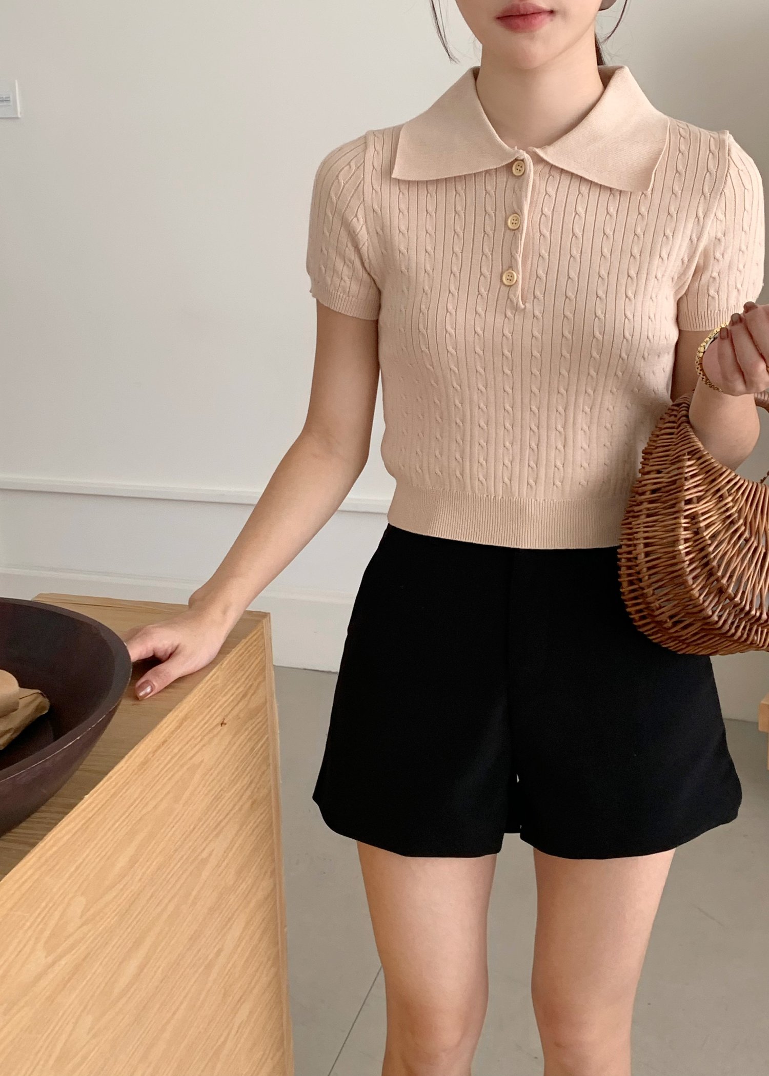 Everyday Cable Knit Polo Collar in Beige