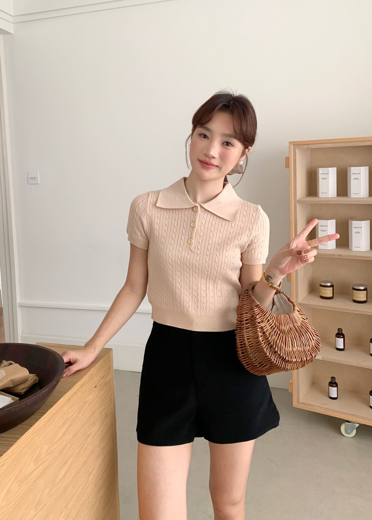 Everyday Cable Knit Polo Collar in Beige