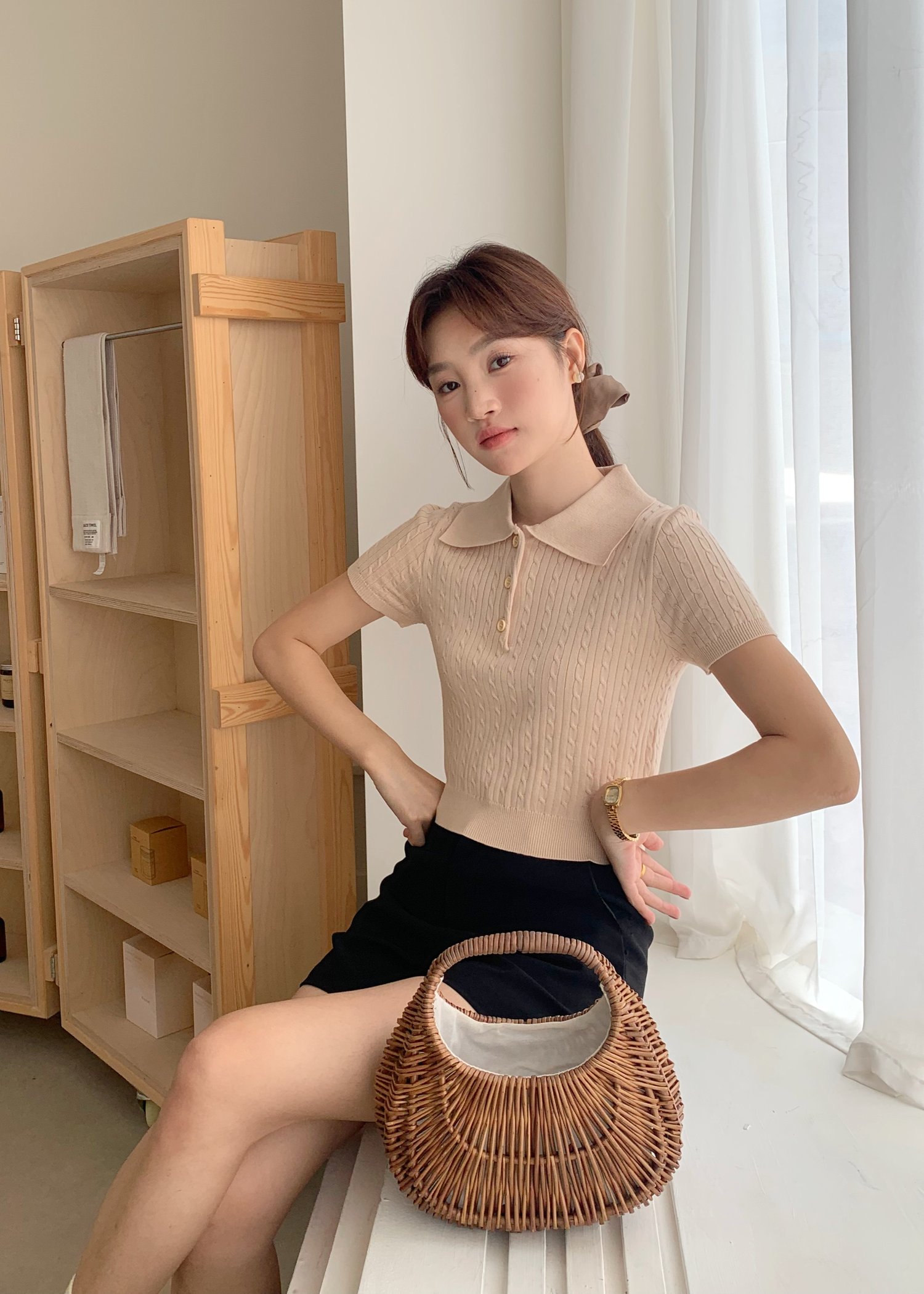 Everyday Cable Knit Polo Collar in Beige