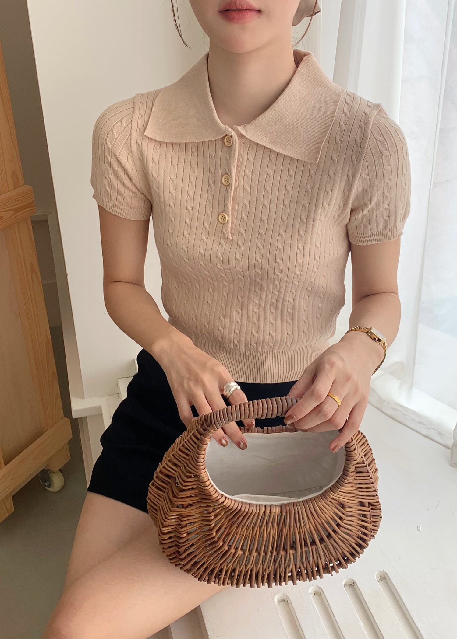 Everyday Cable Knit Polo Collar in Beige